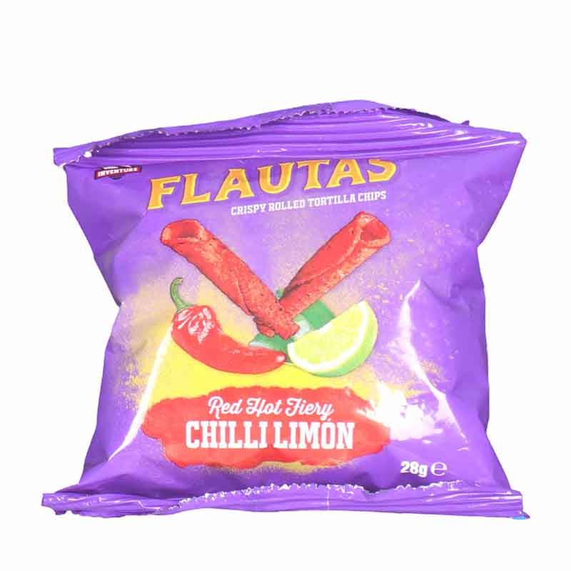 Inventure Flautas Red Chili Lemon 28g – Spicy Crunchy Corn Snack with Tangy Lemon Flavor